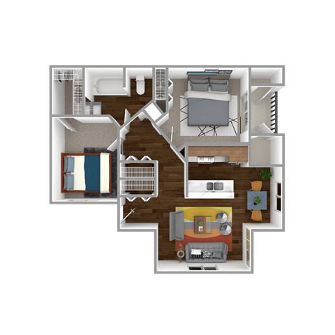 Floor plan for 2 beds, 1 bath, 935 sqft